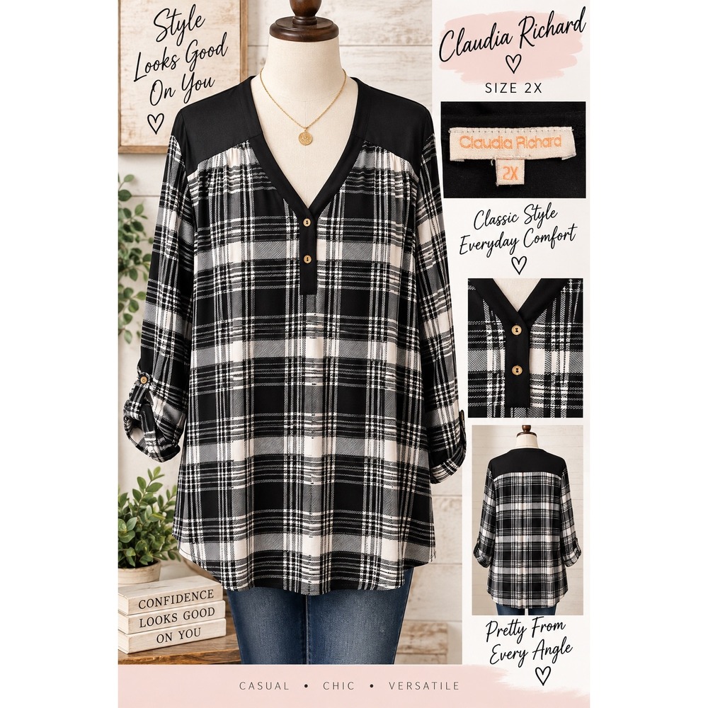 Claudia Richard Black White Plaid Roll Tab Sleeve Tunic Top 2X
